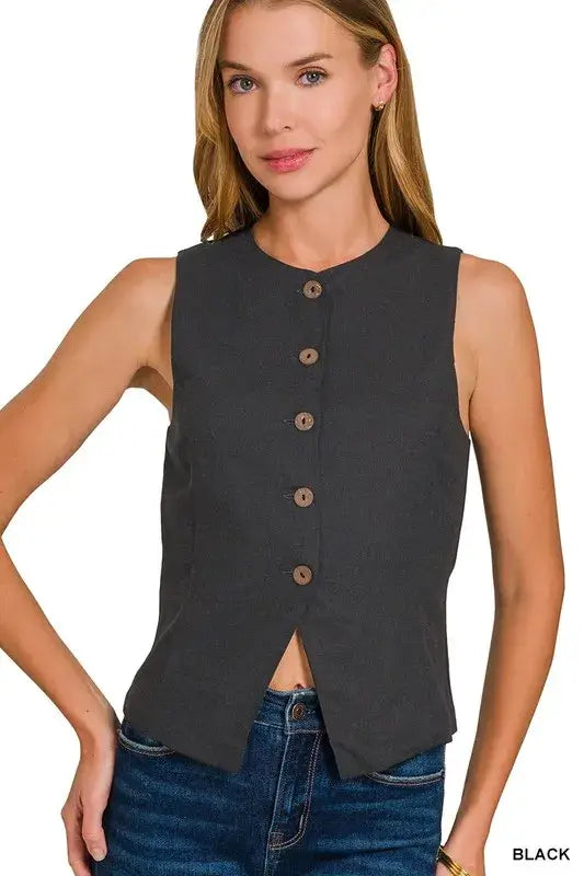 Zenana Linen Button Down Vest
