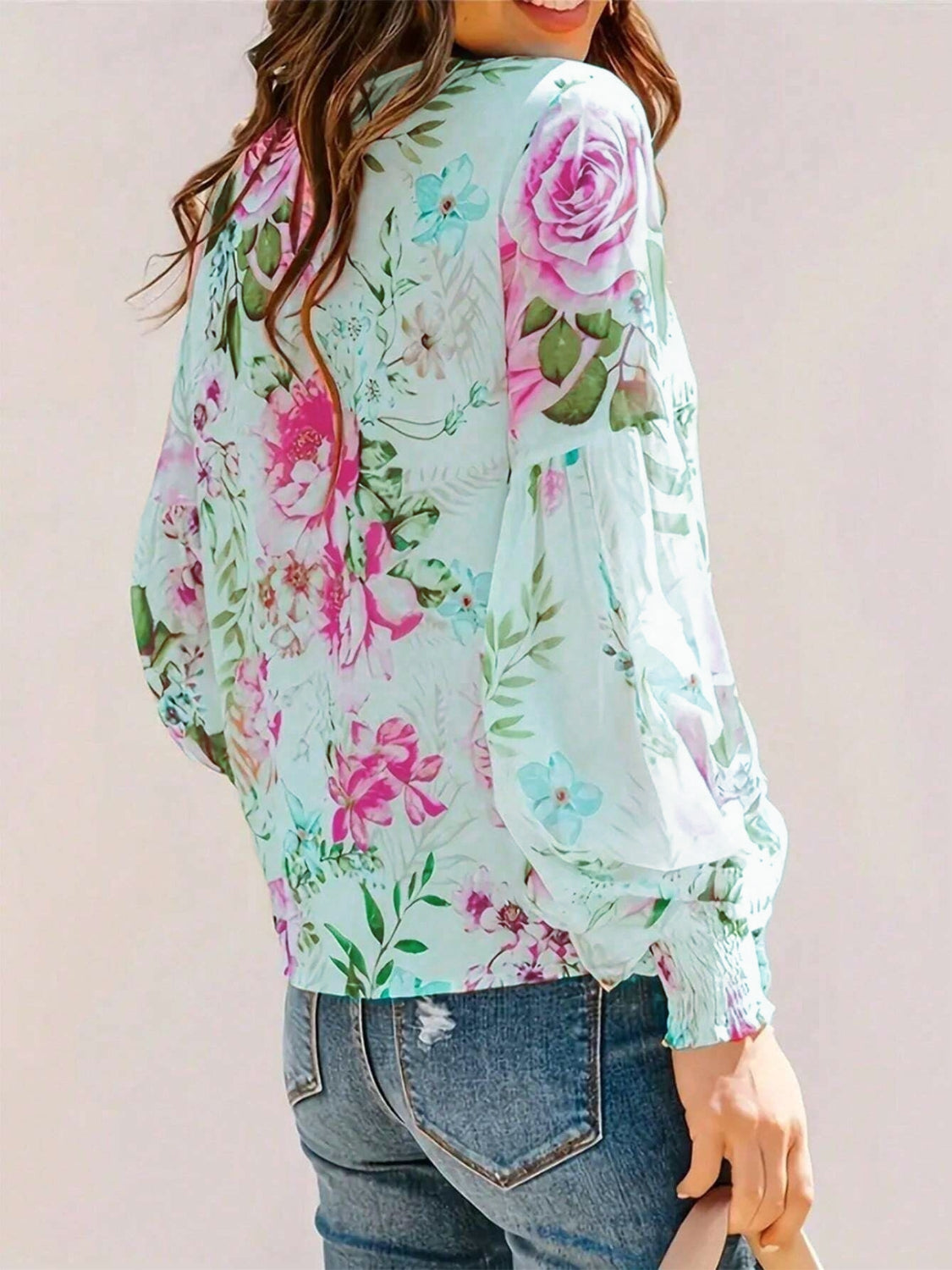 Smocked Printed Round Neck Lantern Sleeve Blouse - felvior