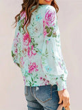 Smocked Printed Round Neck Lantern Sleeve Blouse - felvior