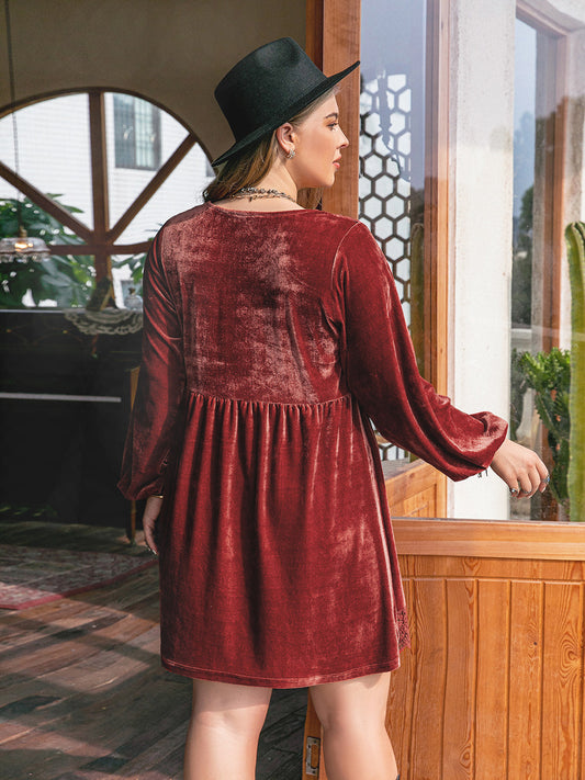 Plus Size Lace Detail V-Neck Long Sleeve Mini Dress - felvior