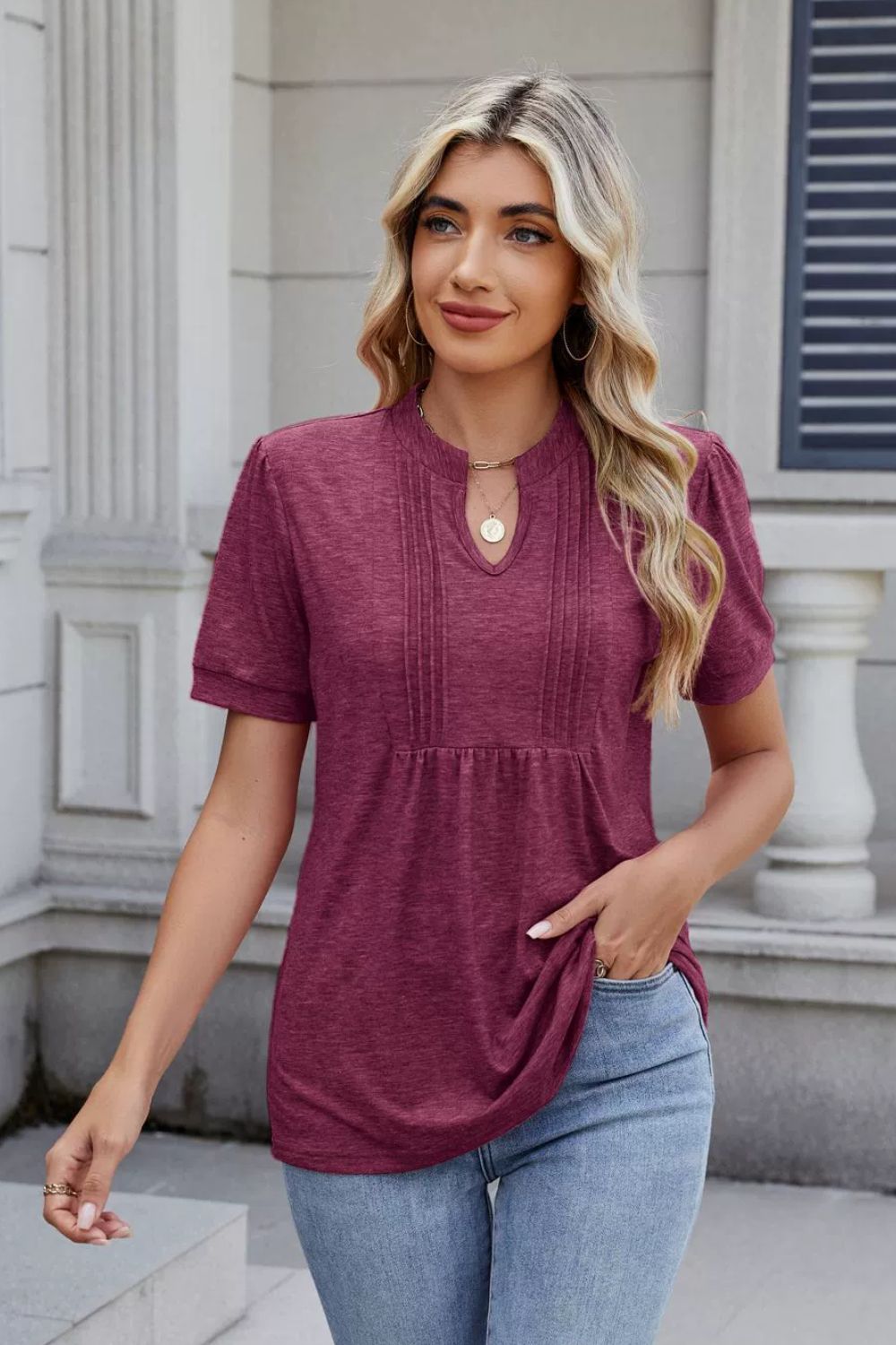 Notched Short Sleeve Solid Color Top