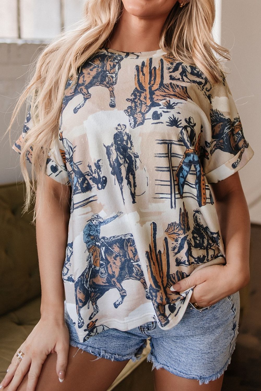 Cowboy Print Round Neck Short Sleeve T Shirt