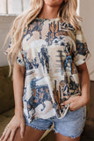 Cowboy Print Round Neck Short Sleeve T Shirt