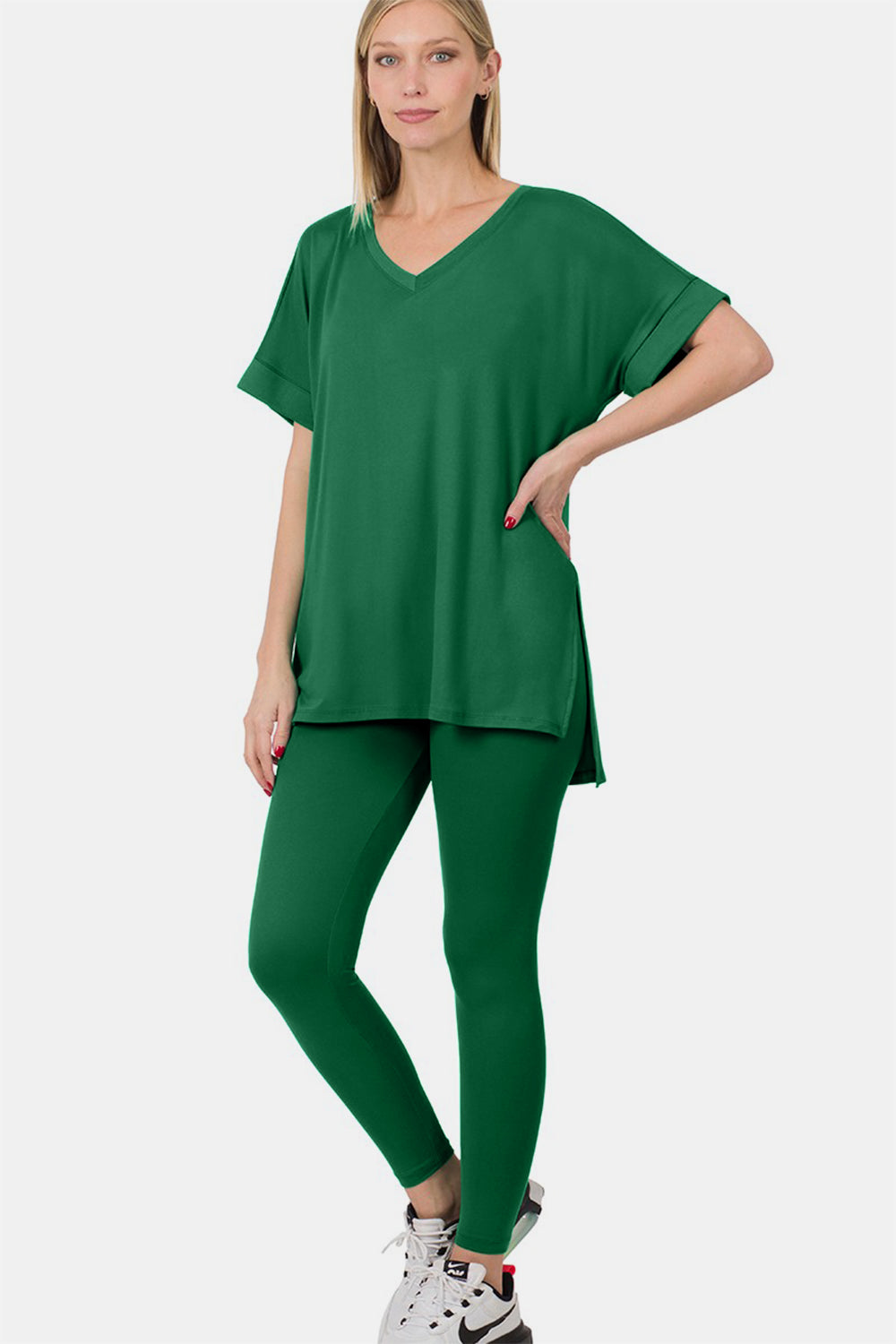 Zenana V-Neck Rolled Short Sleeve T-Shirt and Leggings Lounge Set - felvior