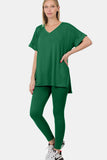Zenana V-Neck Rolled Short Sleeve T-Shirt and Leggings Lounge Set - felvior