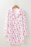 Printed Collared Neck Long Sleeve Lounge Dress - felvior