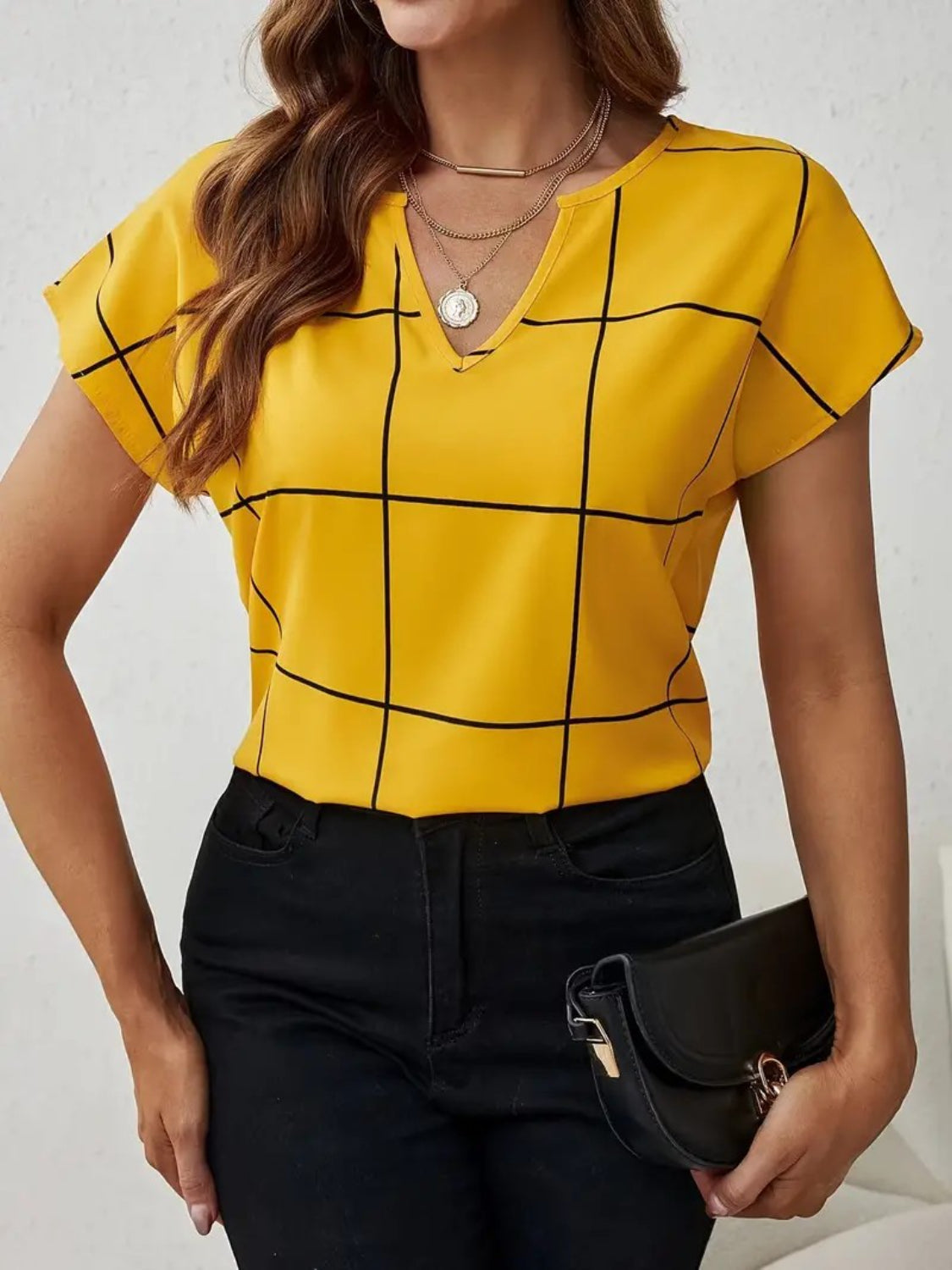 Plaid Contrast Notched Blouse Hauptbild