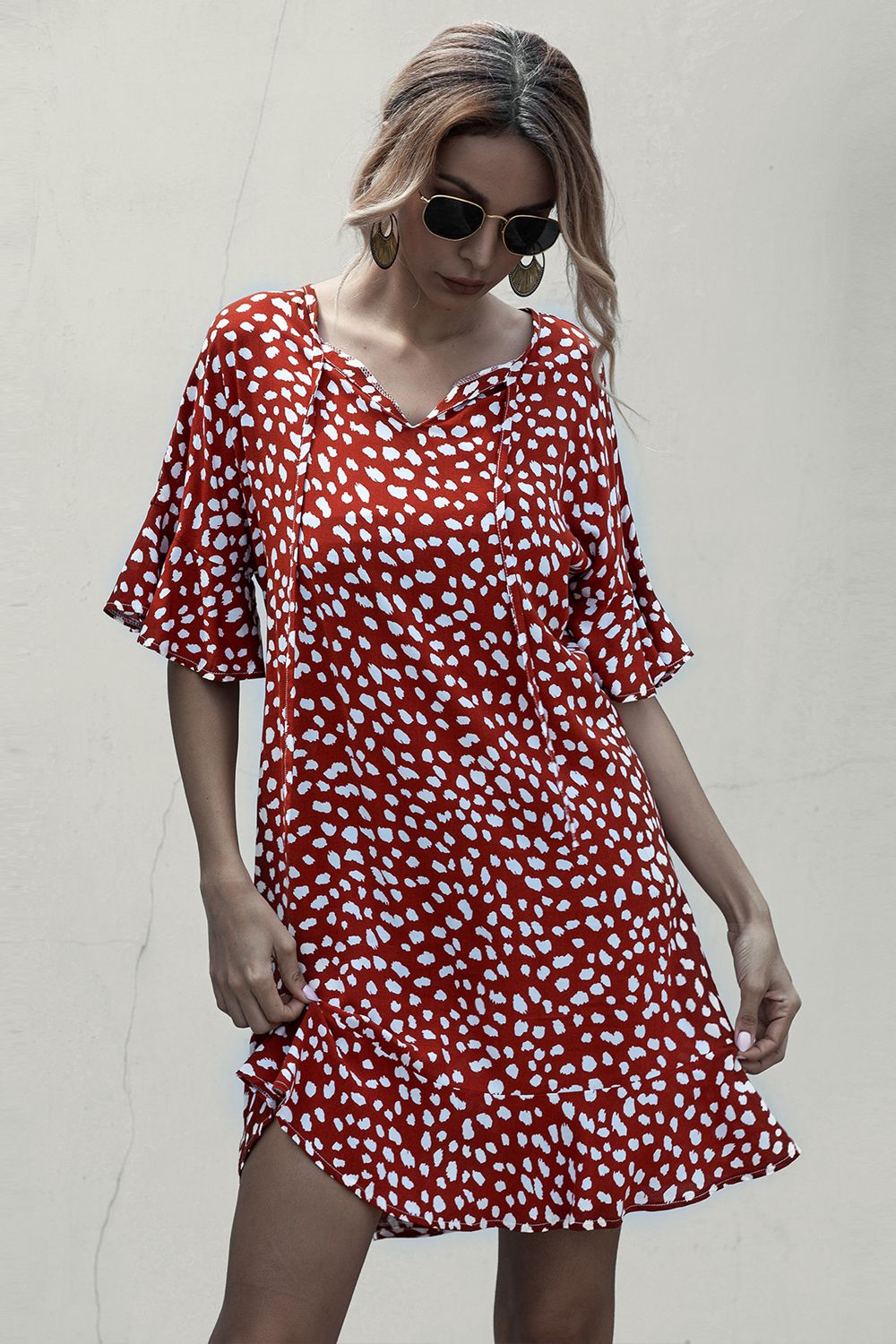 Tie Neck Flounce Sleeve Printed Mini Dress - felvior