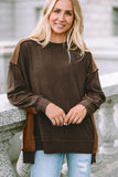Ribbed Exposed Seam Dropped Shoulder Blouse - felvior