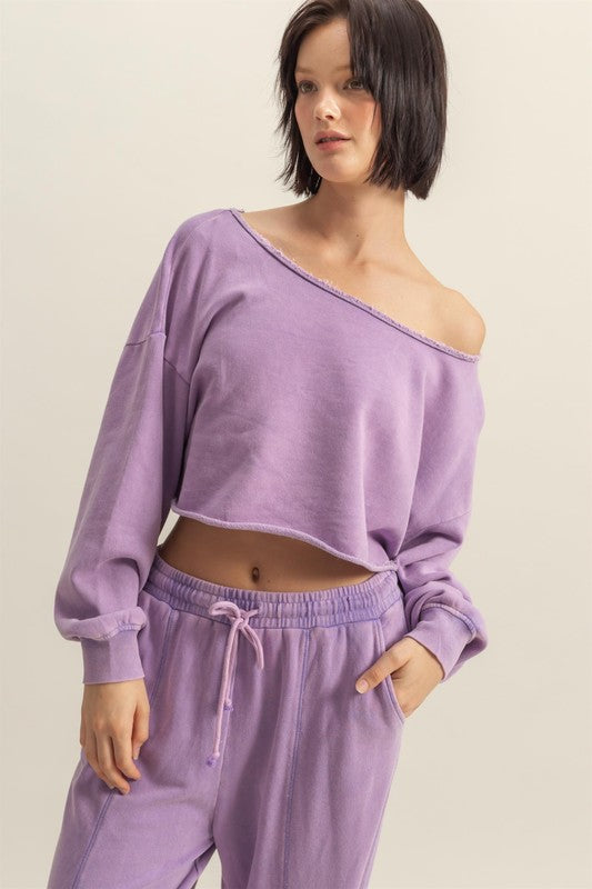 HYFVE Frayed Detail Boat Neck Long Sleeve Crop Top - felvior