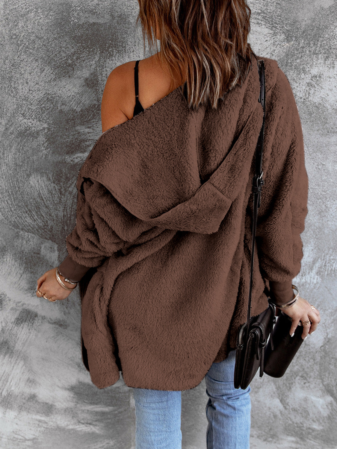 Open Front Hooded Faux Fur Outwear with Pockets - felvior