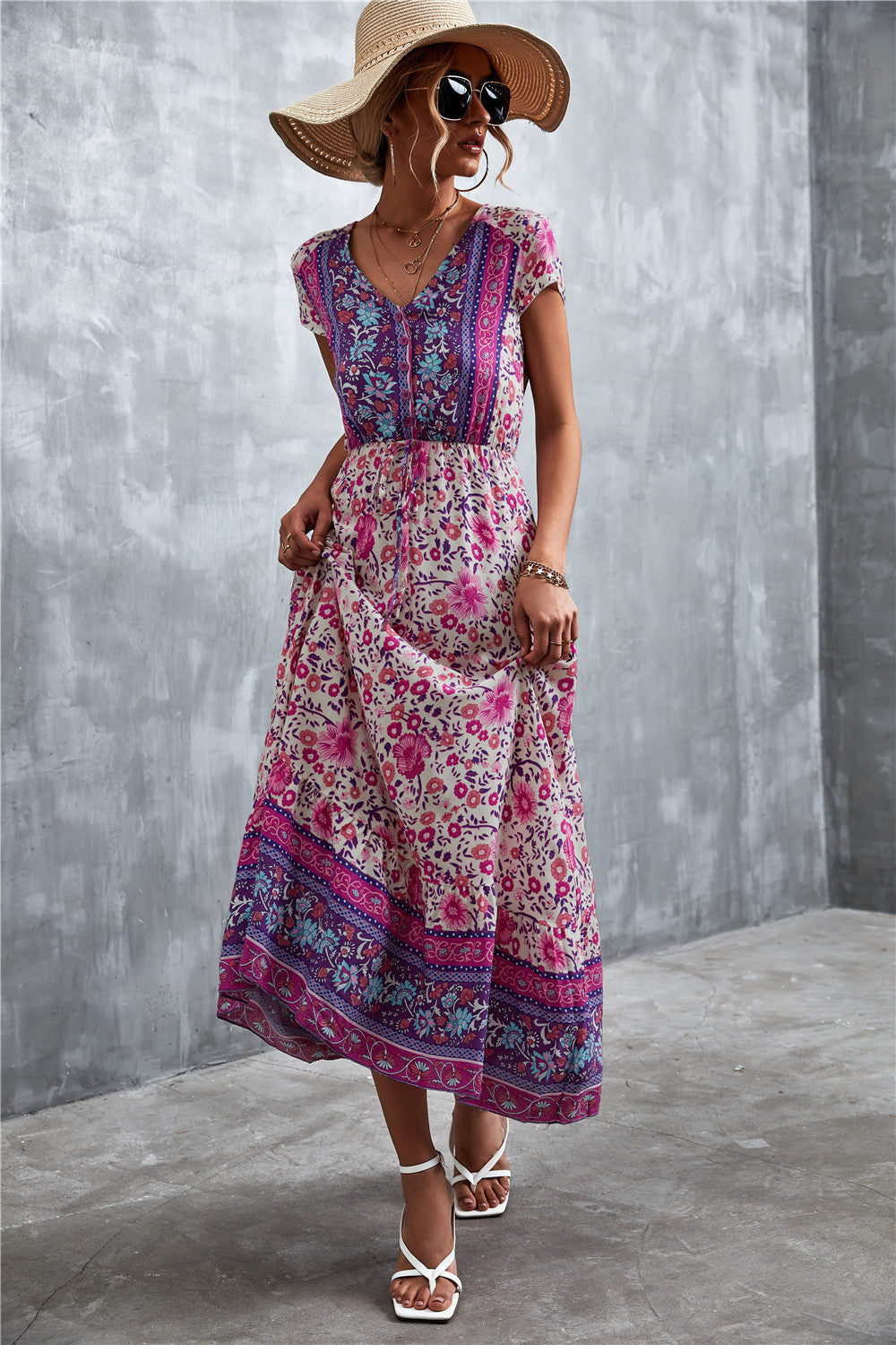 V-Neck Short Sleeve Printed Maxi Dress - felvior