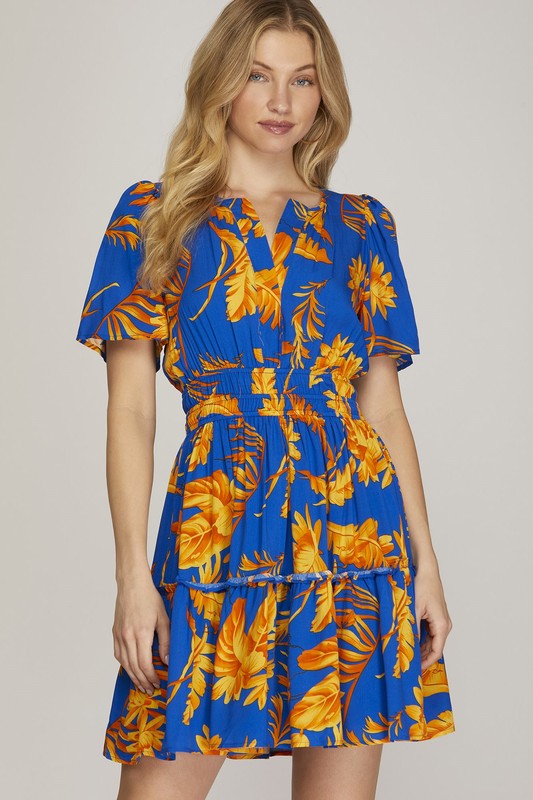 She + Sky Full Size Printed Notched Short Sleeve Frill Tiered Dress Plus Size - felvior