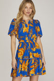 She + Sky Full Size Printed Notched Short Sleeve Frill Tiered Dress Plus Size - felvior