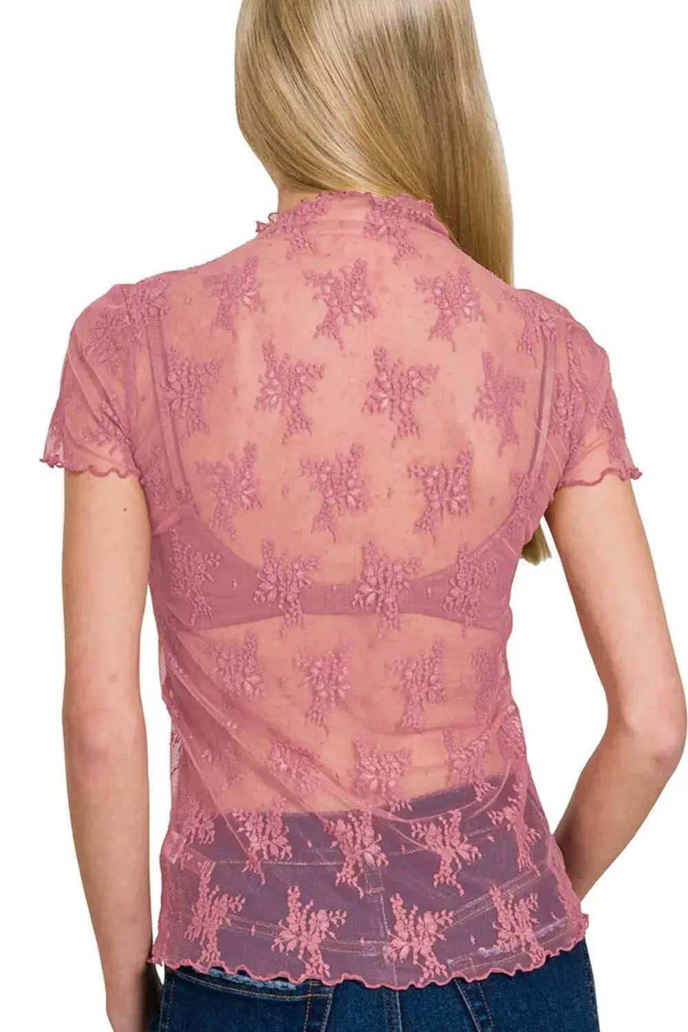 Zenana Lace See-through Layering Short Sleeve Top
