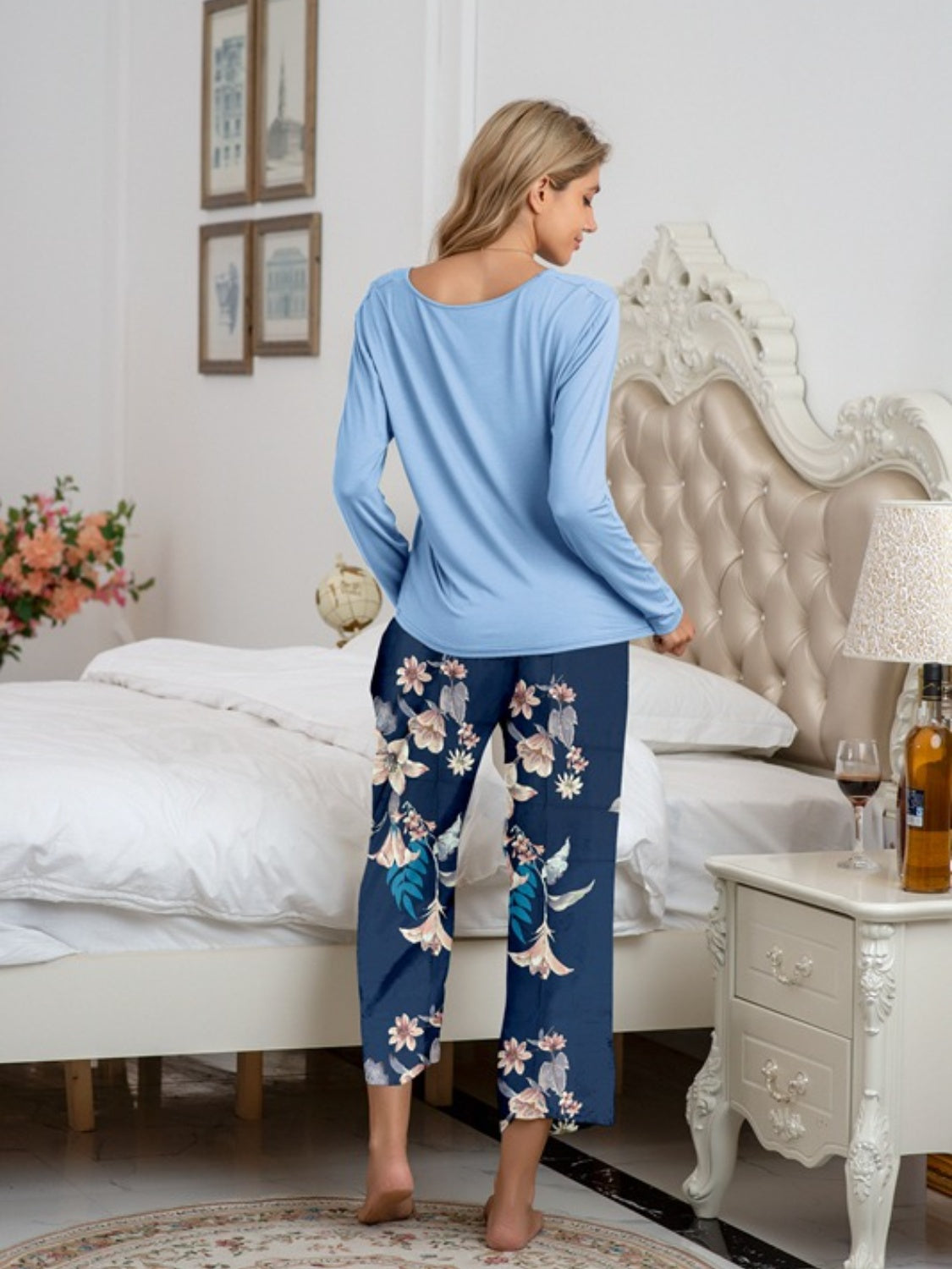 Round Neck Top and Printed Pants Lounge Set - felvior