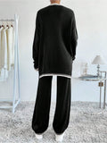 Side Slit Contrast Trim Round Neck Top and Pants Sweater Set - felvior