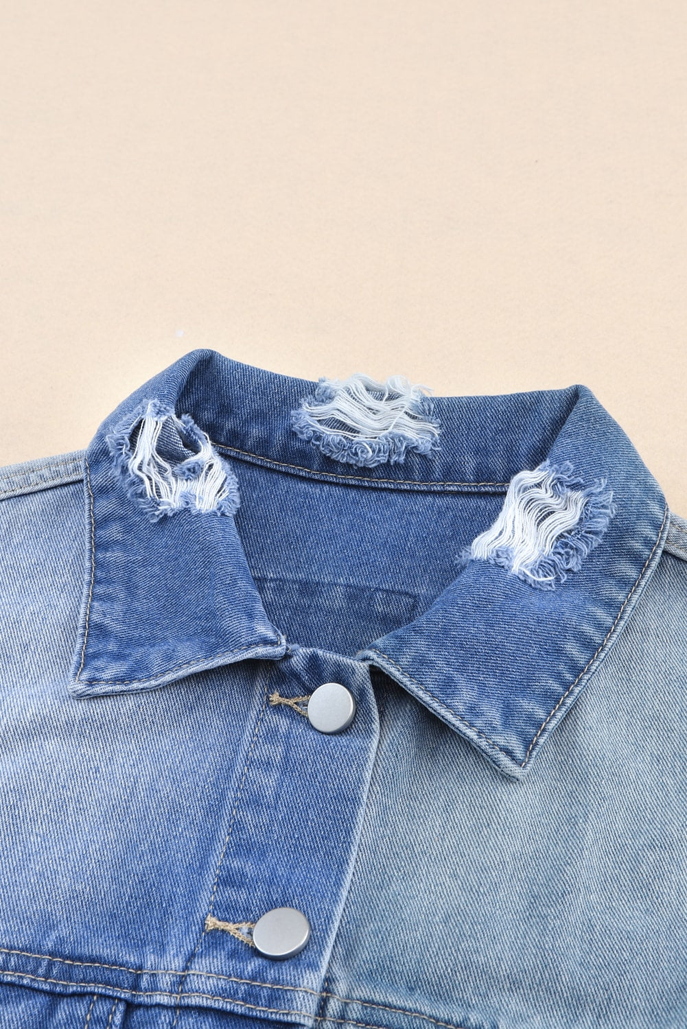 Distressed Button Up Drop Shoulder Denim Jacket - felvior