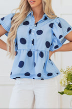 Polka Dot Print Ruffled Short Sleeve Buttoned Collared Blouse
