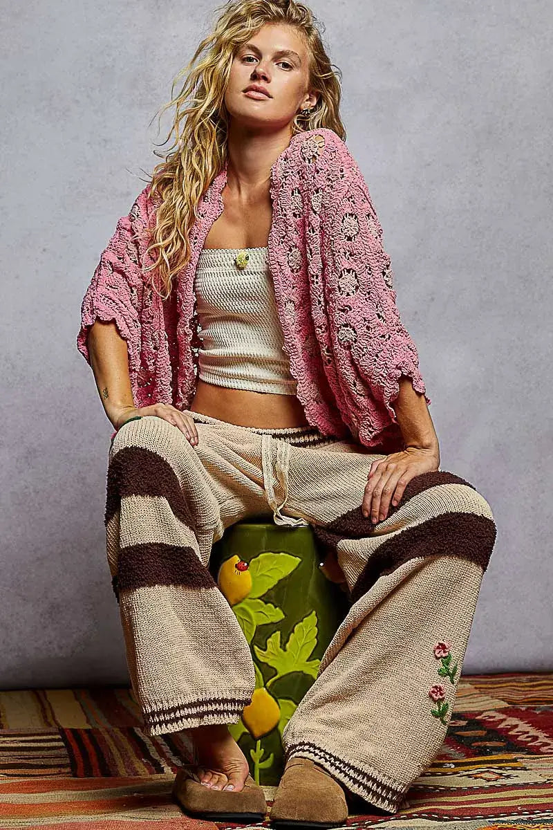 POL Openwork V-Neck Chenille Cardigan with Contrast Floral