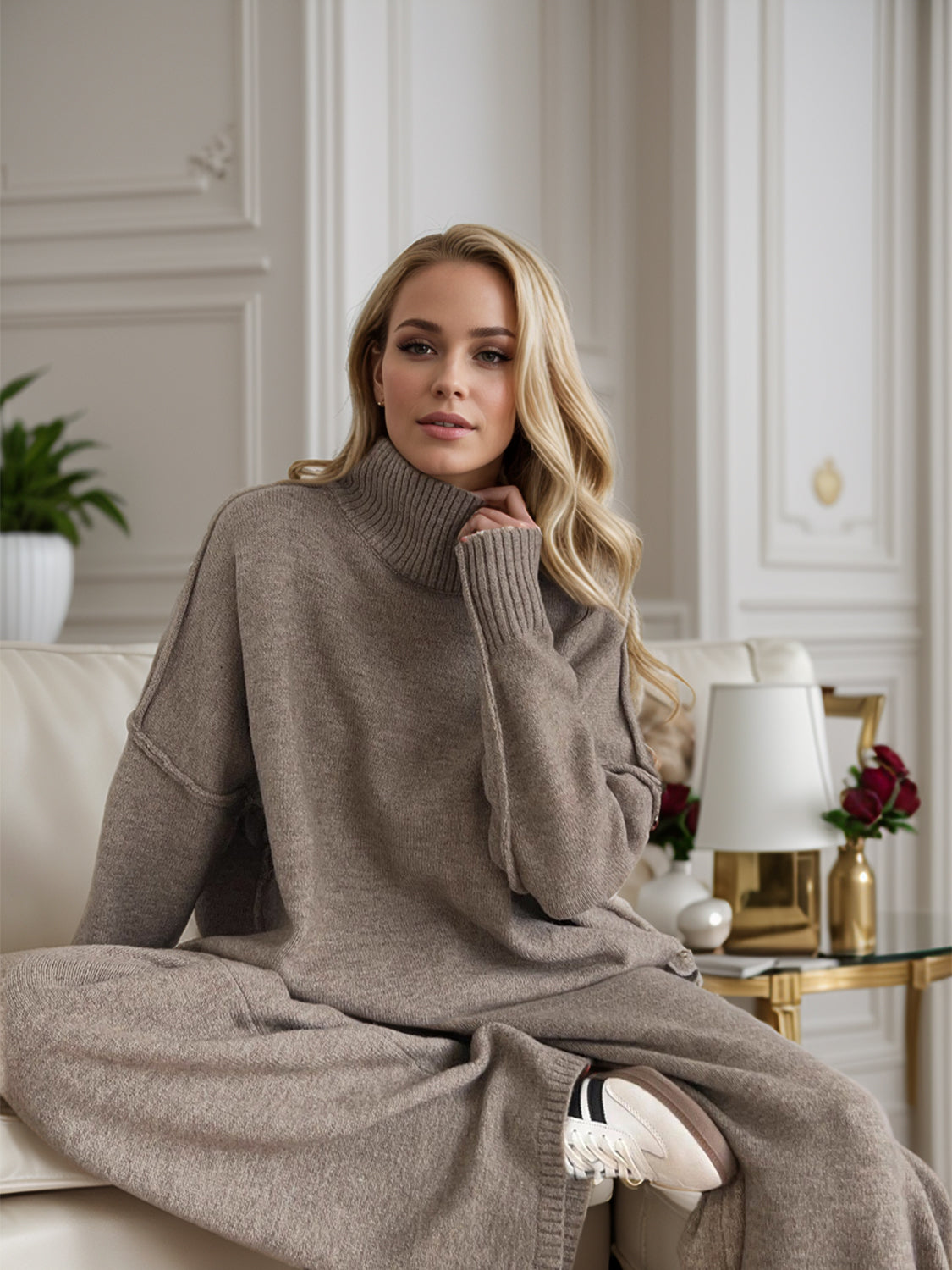 Slit Turtleneck Long Sleeve Top and Pants Sweater Set - felvior