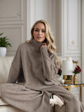 Slit Turtleneck Long Sleeve Top and Pants Sweater Set - felvior