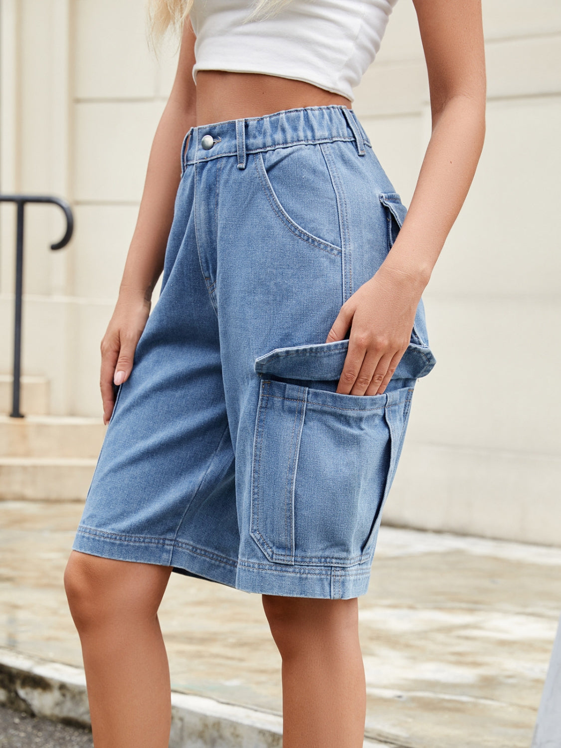 High Waist Denim Shorts with Pockets - felvior
