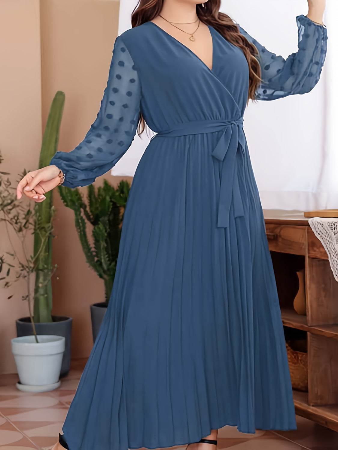 Plus Size Swiss Dot Tie Waist Maxi Dress - felvior