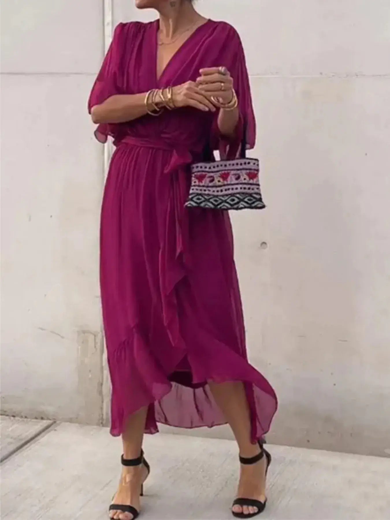 Full Size Flowy Tie Front Midi Dress with Flutter Sleeves Plus Size