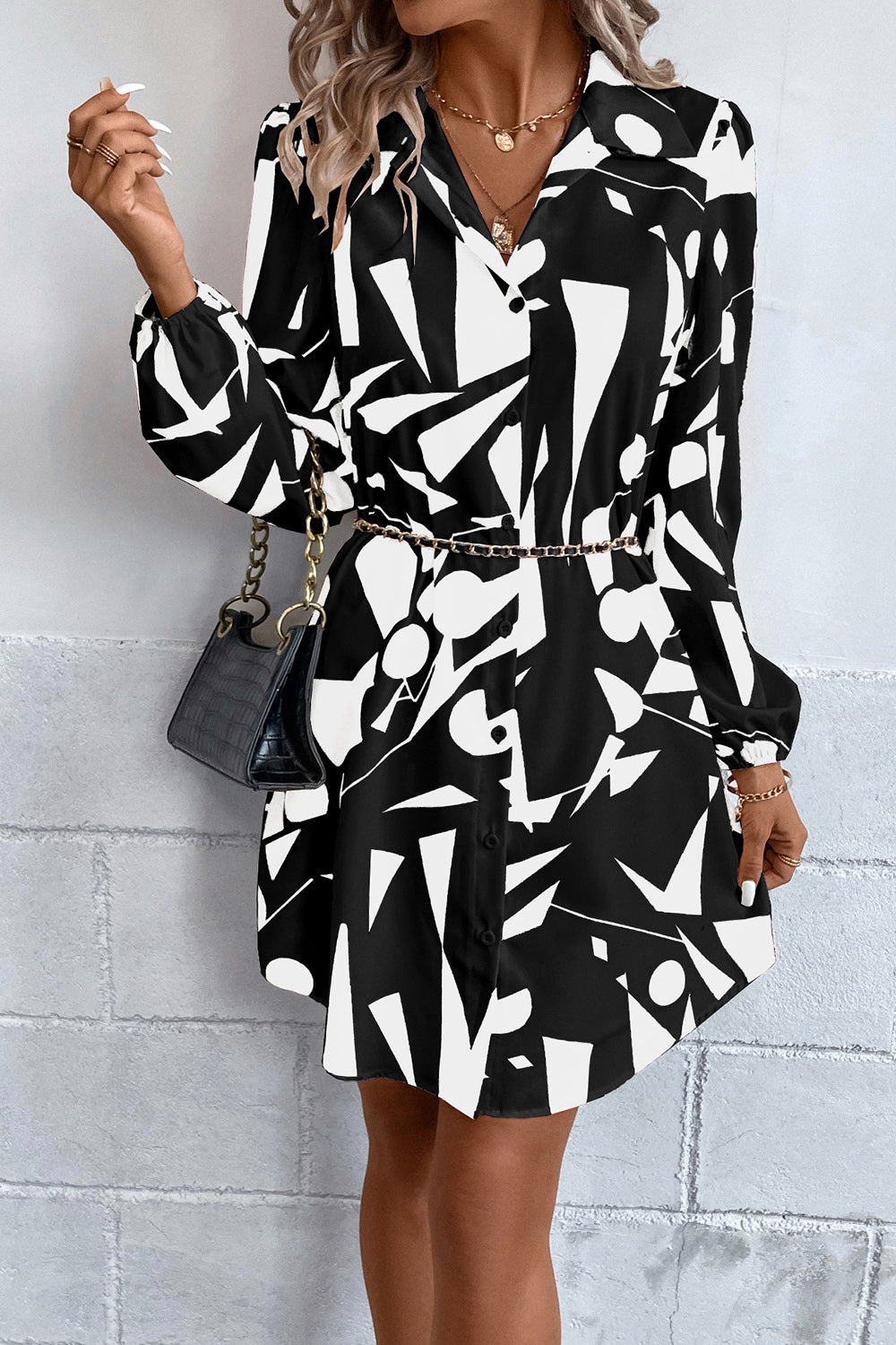 Geometric Long Sleeve Shirt Dress - felvior