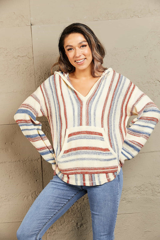 Striped Hooded Sweater with Kangaroo Pocket - felvior