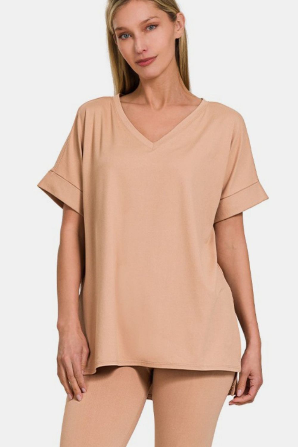Zenana Full Size V-Neck Rolled Short Sleeve T-Shirt and Leggings Lounge Set - felvior