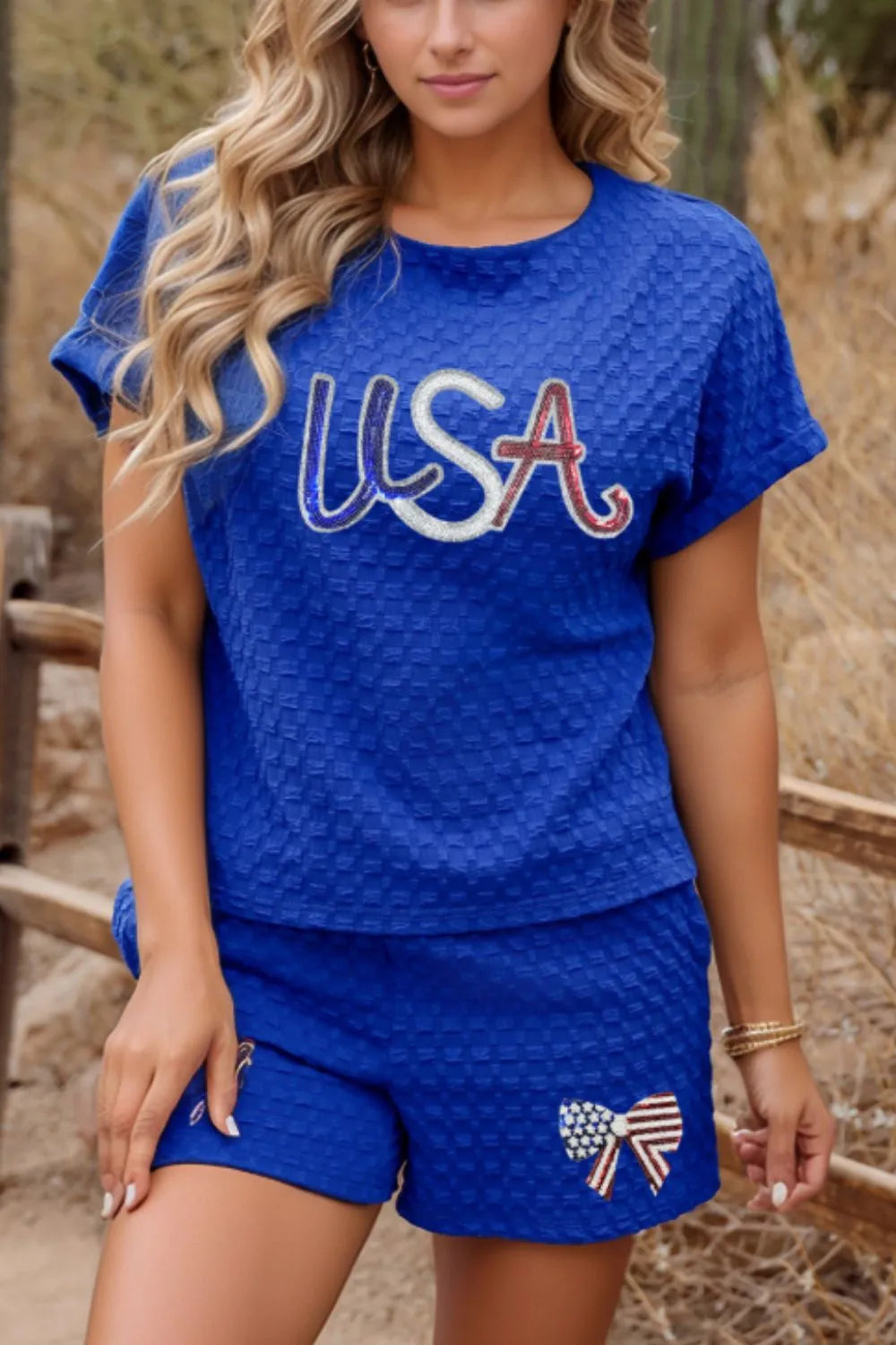 Textured Sequined USA Top and Bowknot Shorts Set