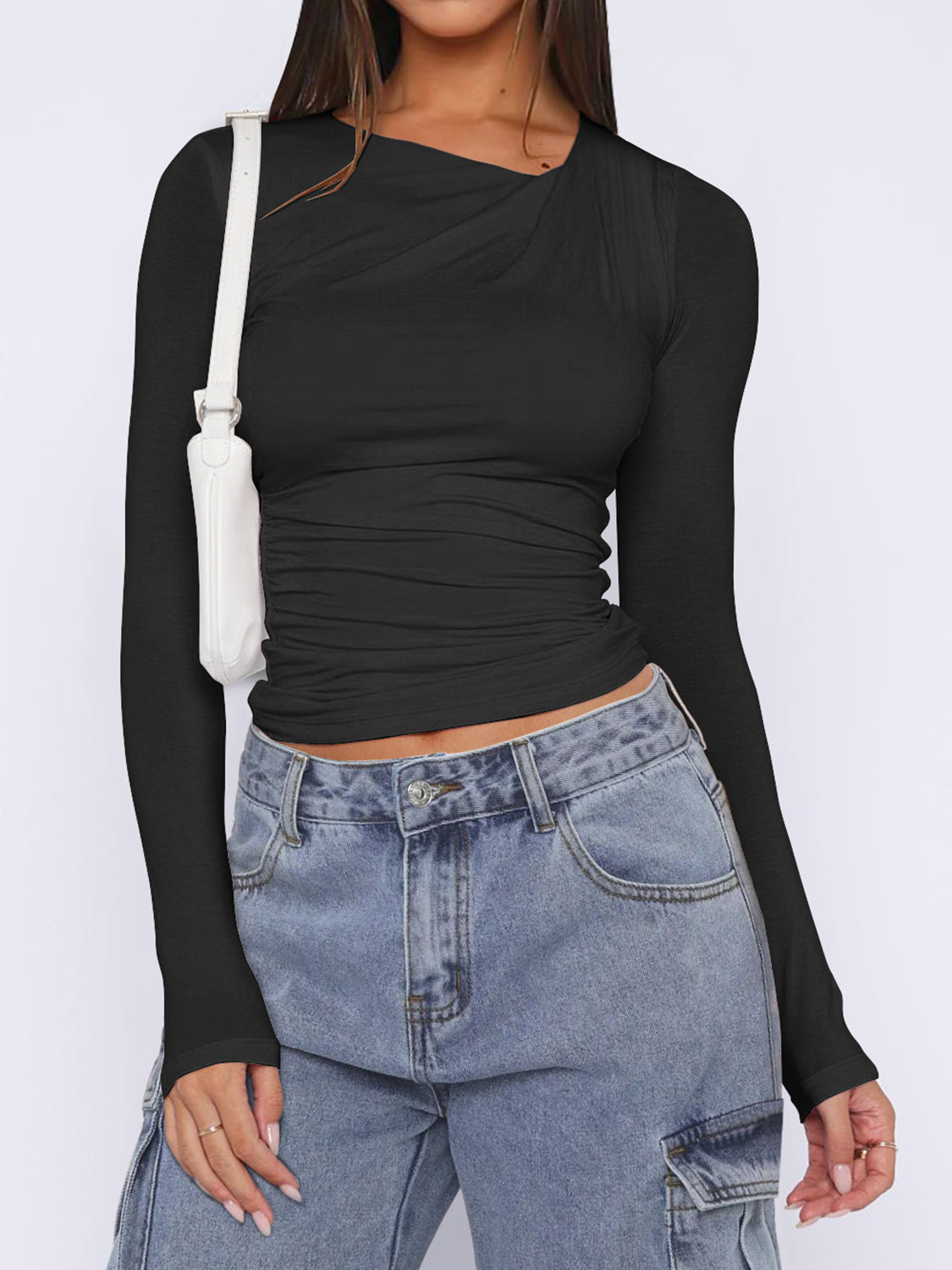 Ruched Asymmetrical Neck Long Sleeve T-Shirt - felvior