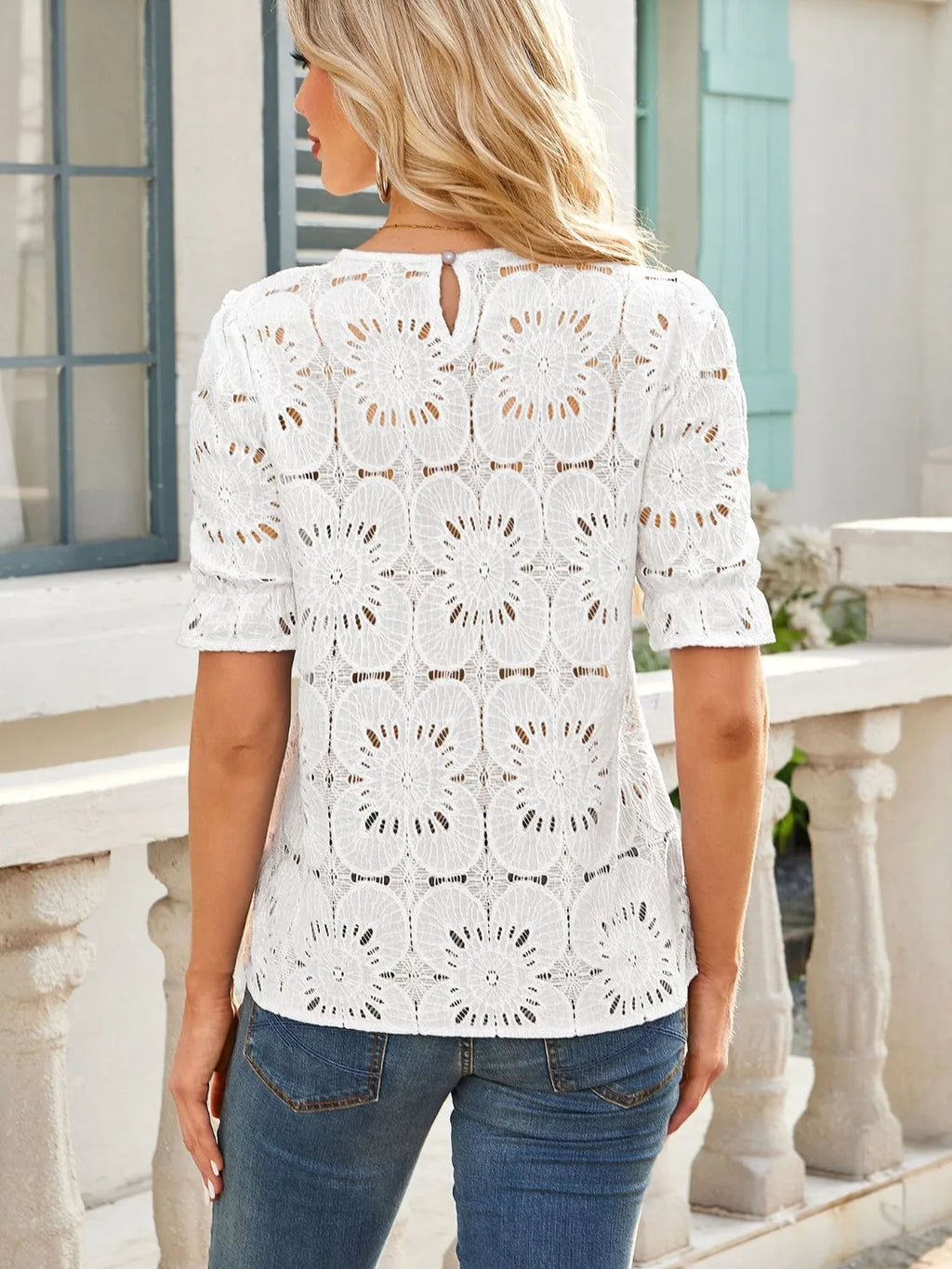 Openwork Round Neck Short Sleeve Top