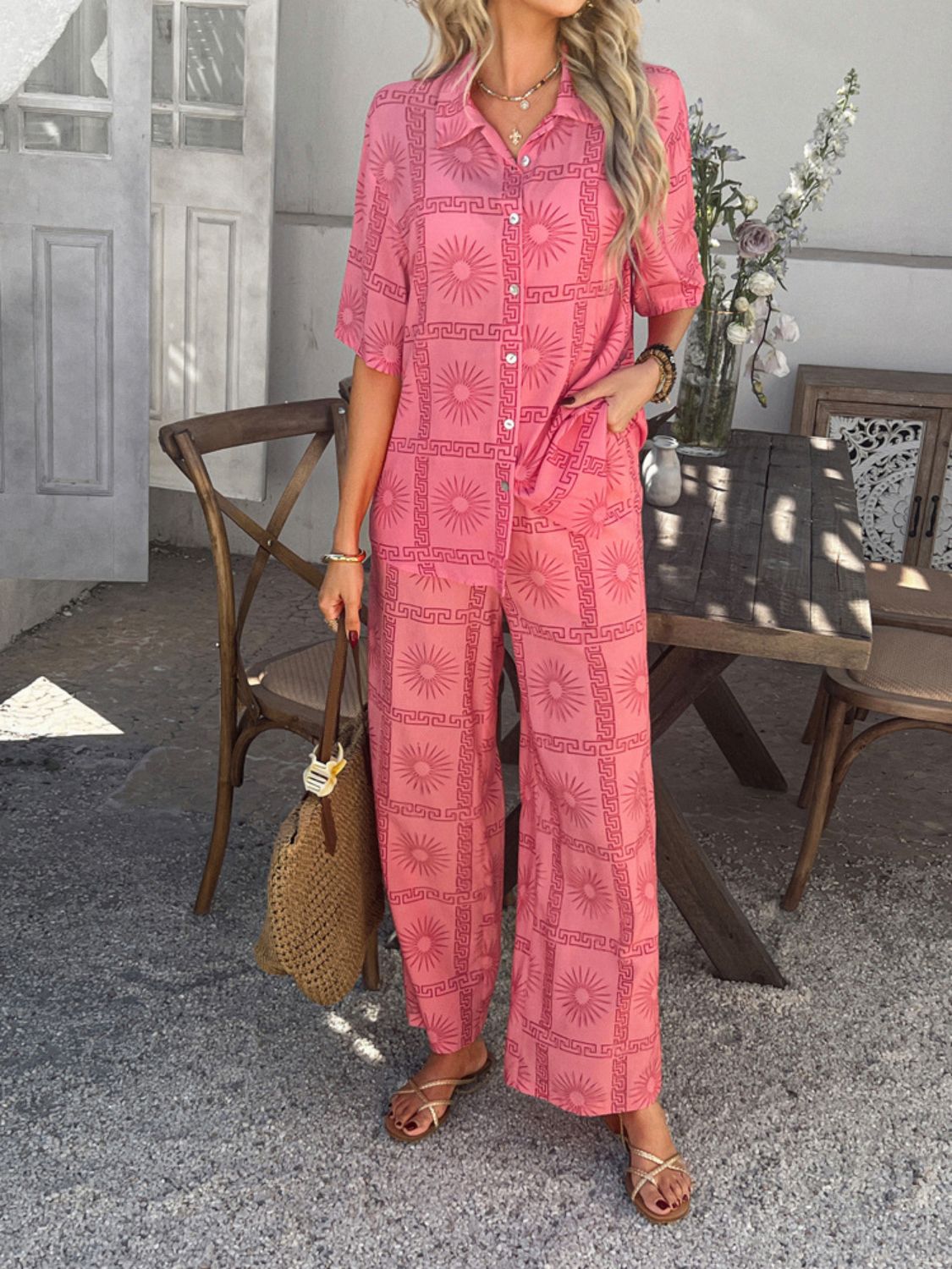 Devine Printed Button Down Shirt and Pants Set