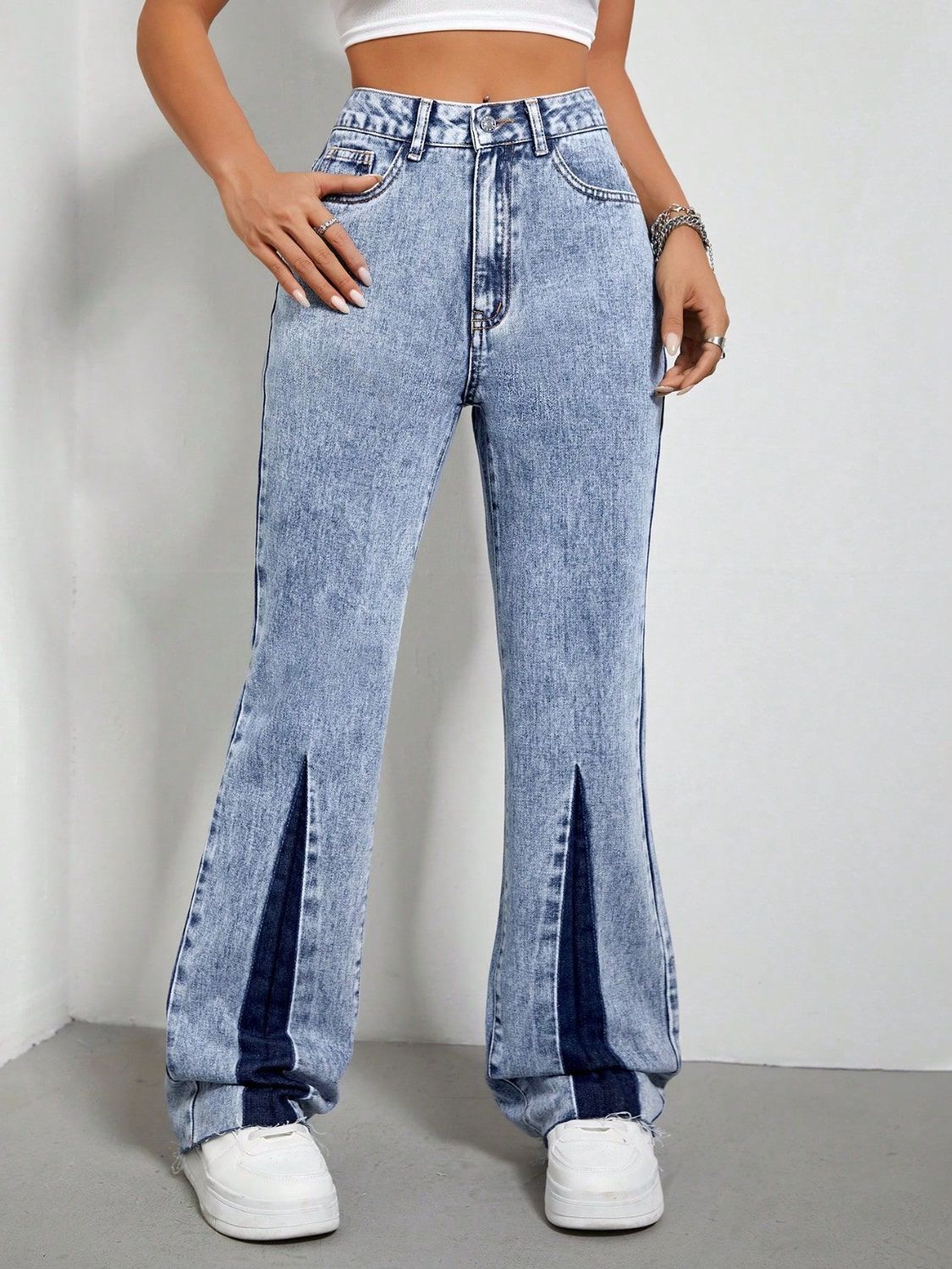 Contrast Bootcut Jeans with Pockets - felvior