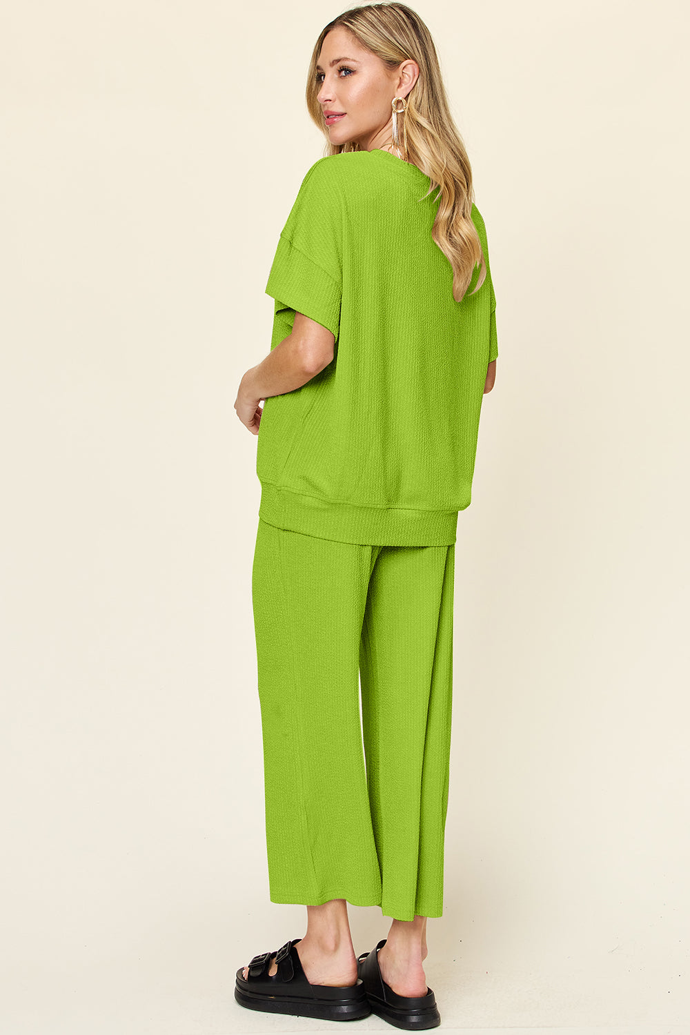 Double Take Full Size Texture Round Neck Short Sleeve T-Shirt and Wide Leg Pants - felvior