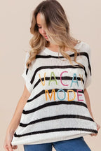 BiBi Vacay Mode Lettering Drop Shoulder Striped Sweater