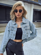 Distressed Raw Hem Cropped Denim Jacket