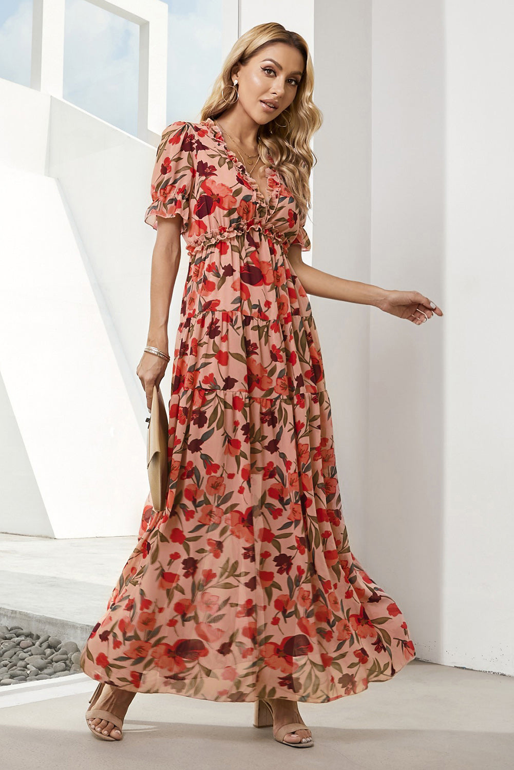 Floral V-Neck Short Flounce Sleeve Dress - felvior