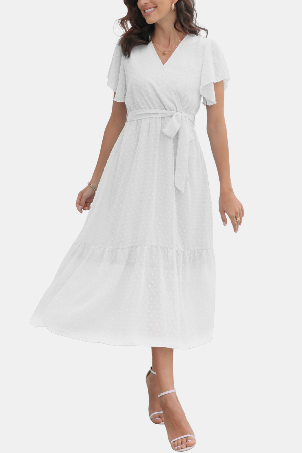 Surplice Neck Flutter Sleeve Tied Dress - felvior