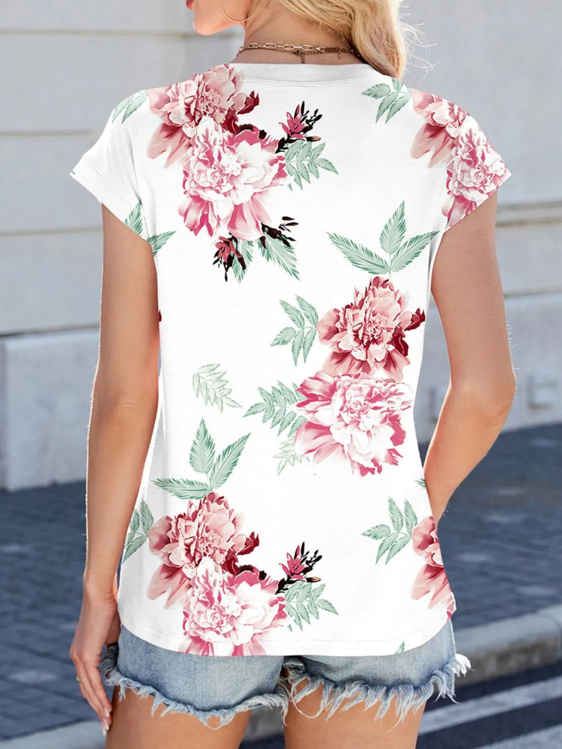 Printed Round Neck Cap Sleeve Top