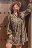 Plus Size Printed V-Neck Long Sleeve Midi Dress - felvior