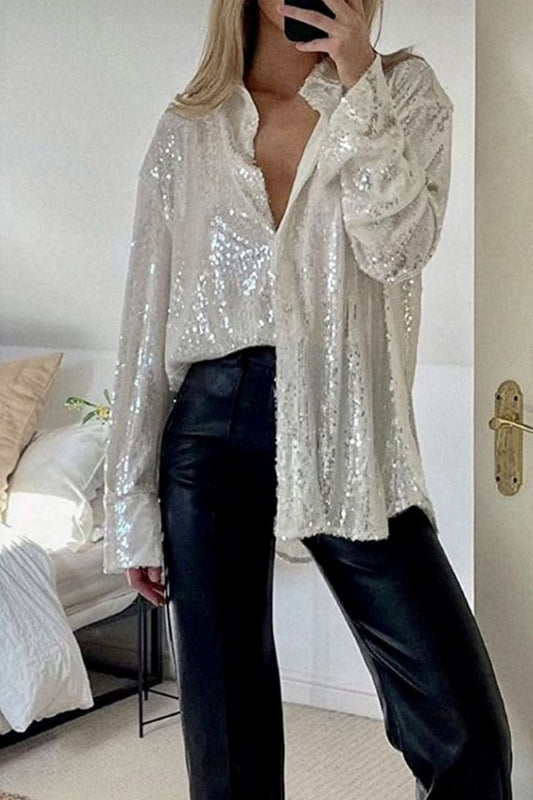 Sequin Button Up Long Sleeve Shirt - felvior