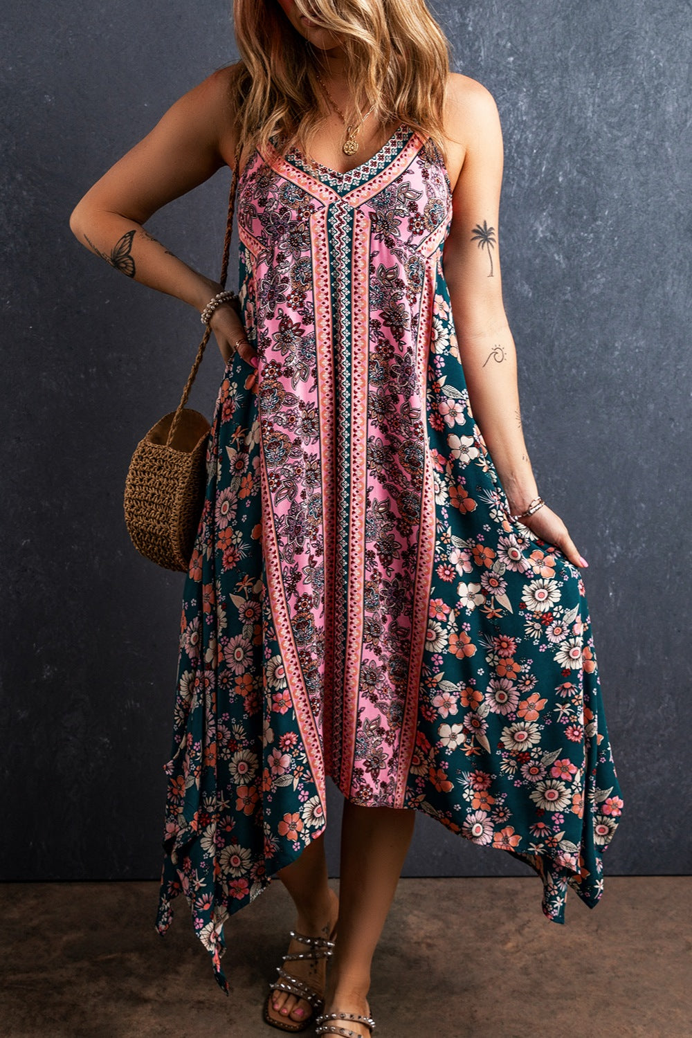 Printed V-Neck Midi Cami Dress - felvior