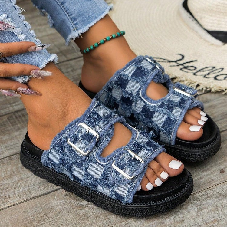 Raw Edge Checkered Cloth Buckle Sandals Main image
