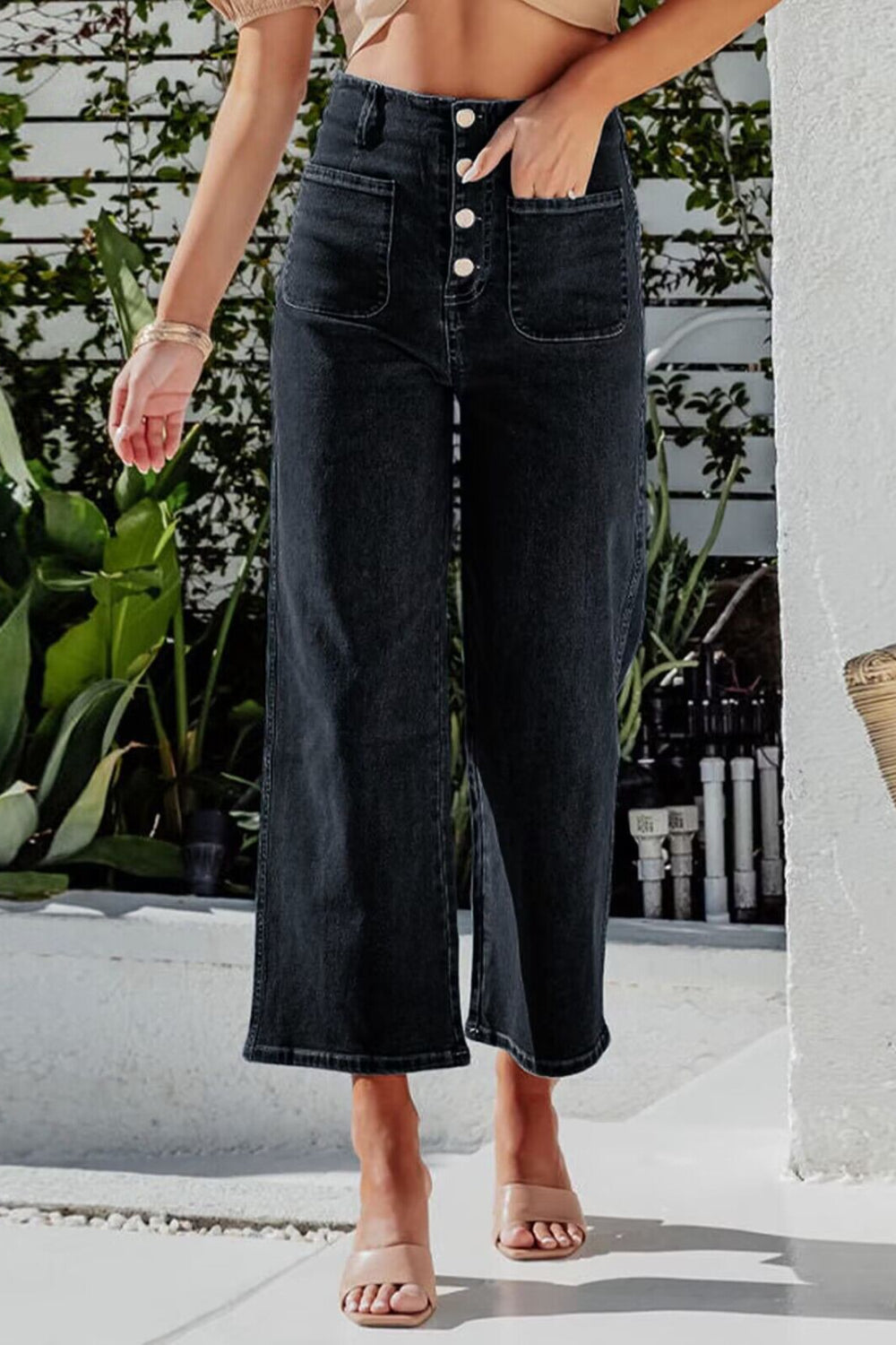 Button Fly Cropped Wide Leg Jeans