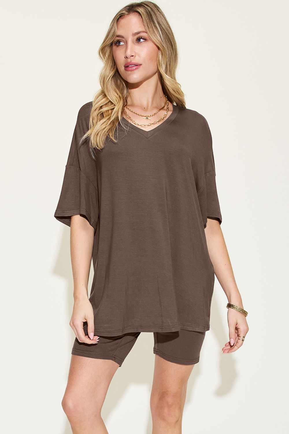 Basic Bae Full Size V-Neck Drop Shoulder T-Shirt and Shorts Set - felvior