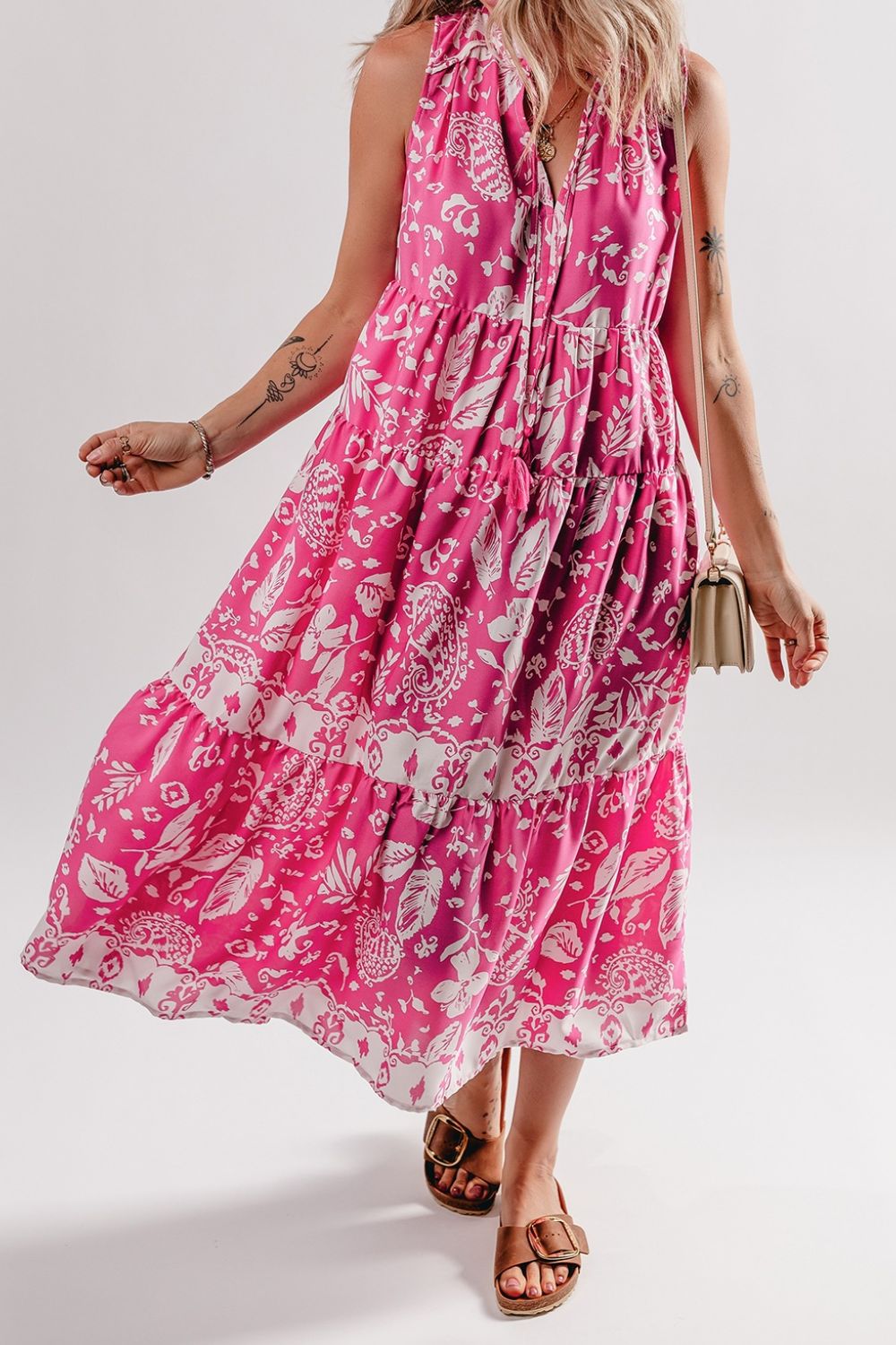 Floral Sleeveless Tasseled Tie Neck Tiered Midi Dress